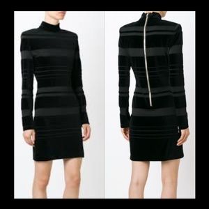 New Balmain velvet striped high neck structured shoulder avant garde mini dress